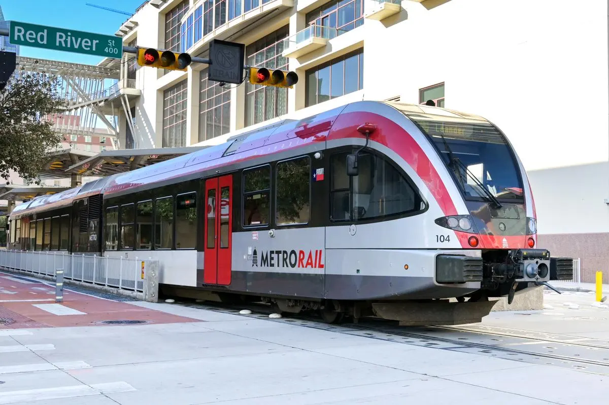 Capital Metro MetroRail commuter train at the downtown Austin station on Red River Street, Texas