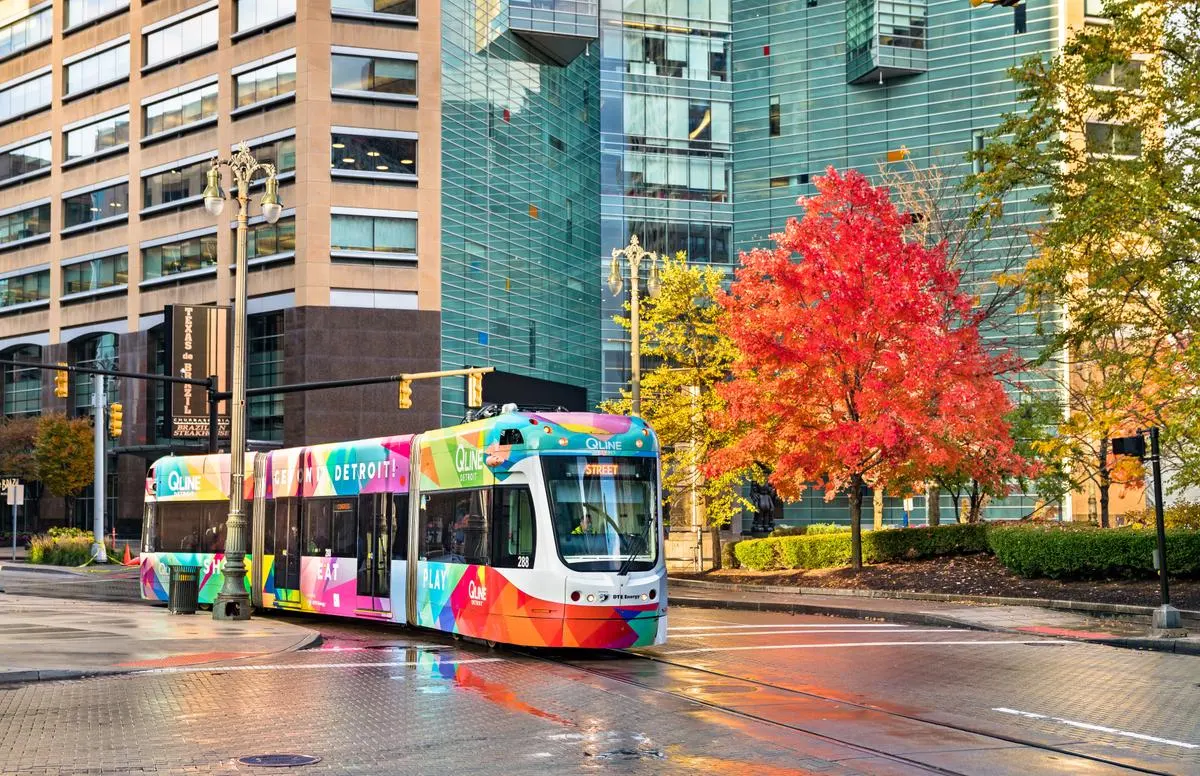 QLine streetcar in downtown Detroit, Michigan, opened in 2017