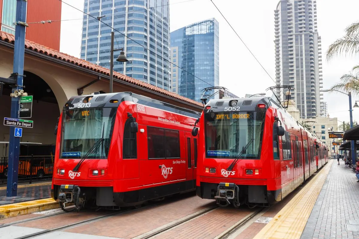 San Diego Metropolitan Transit System (MTS) light rail at the Santa Fe Depot station in San Diego, California