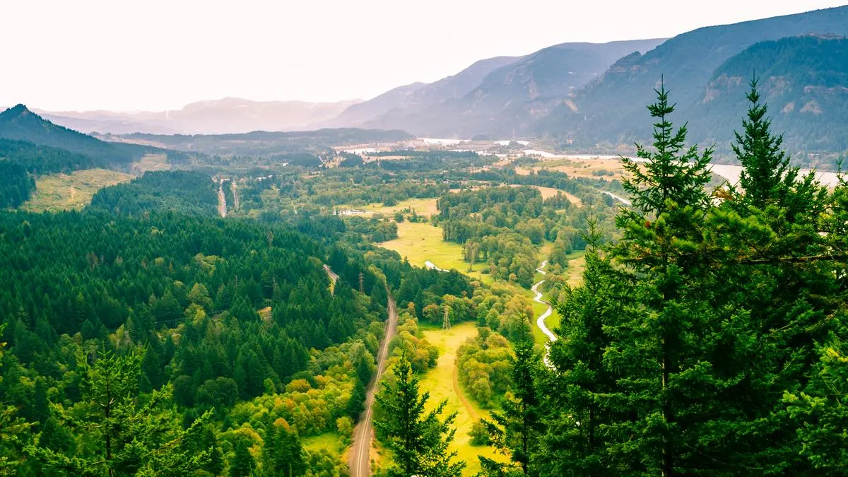 View of the Columbia River Gorge from the top of Beacon Rock in Vancouver, WA