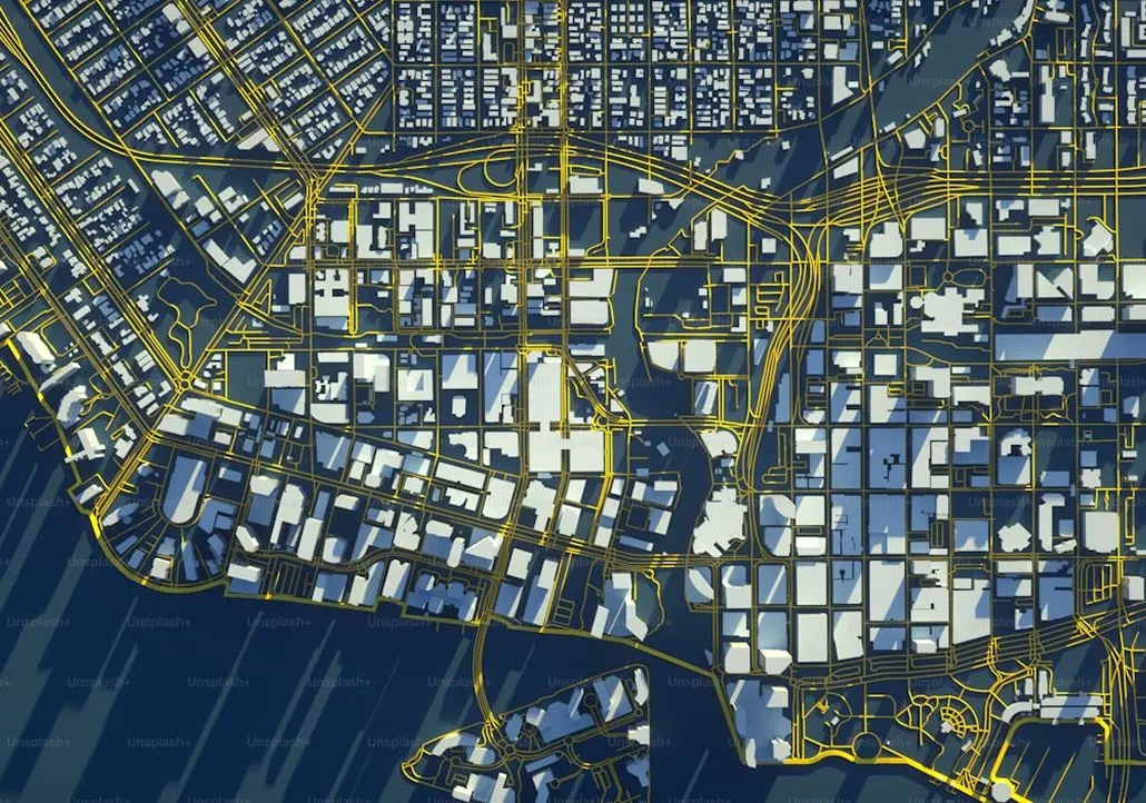 A rendering of a city from a birds eye view.