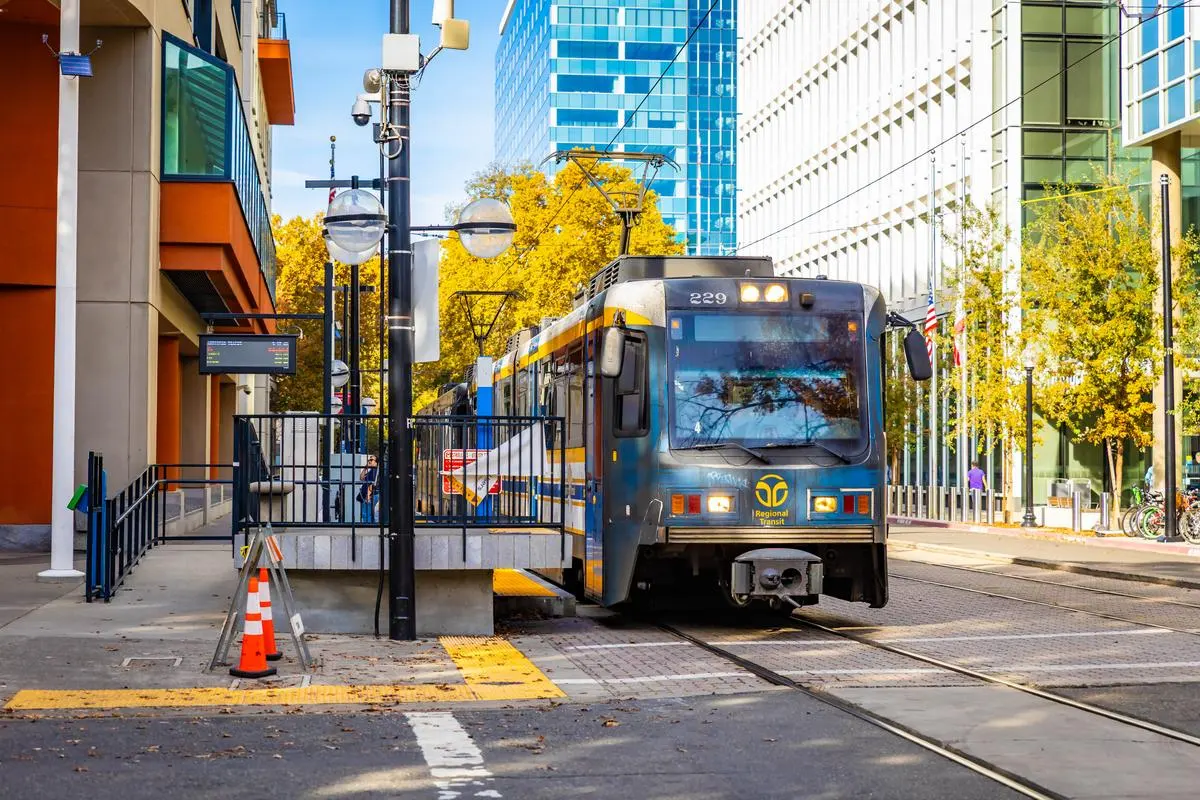 Sacramento Regional Transit District light rail system at a stop in Sacramento, California