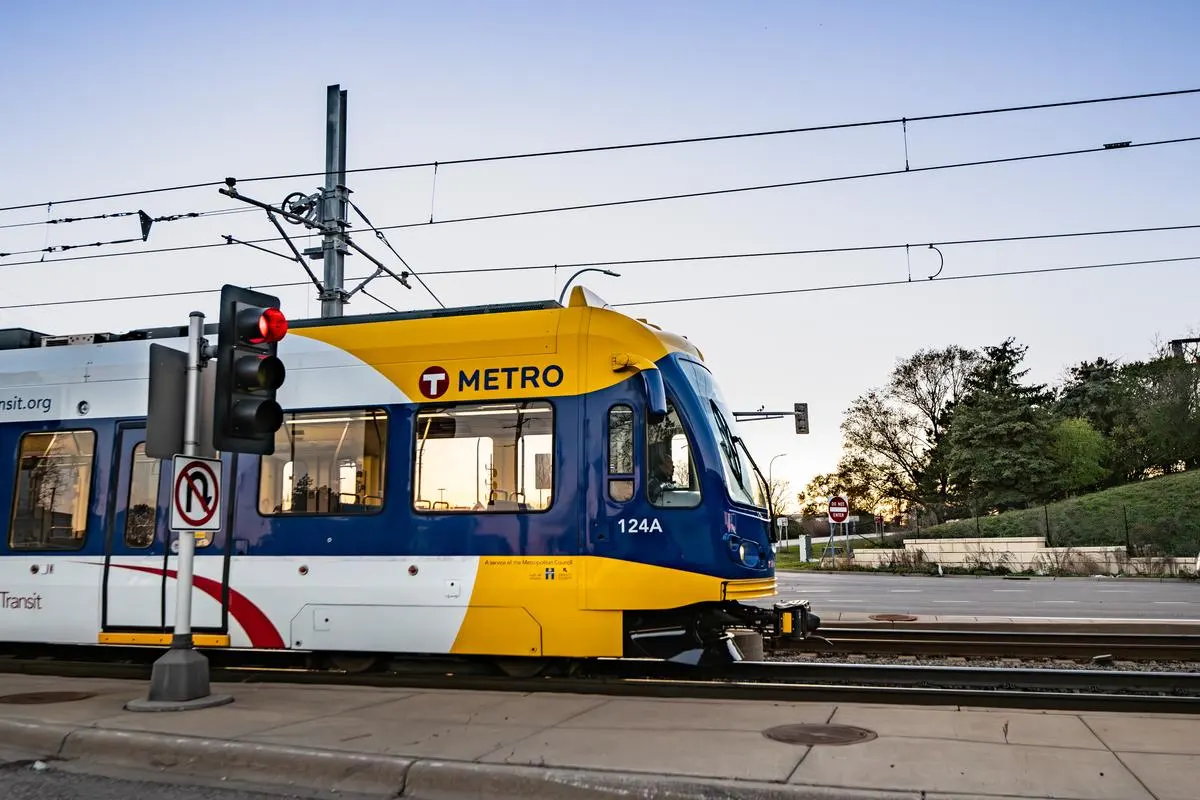 The METRO Blue Line light rail train which is operated by the Minneapolis/ St, Paul, Minnesota Metro Transit. 