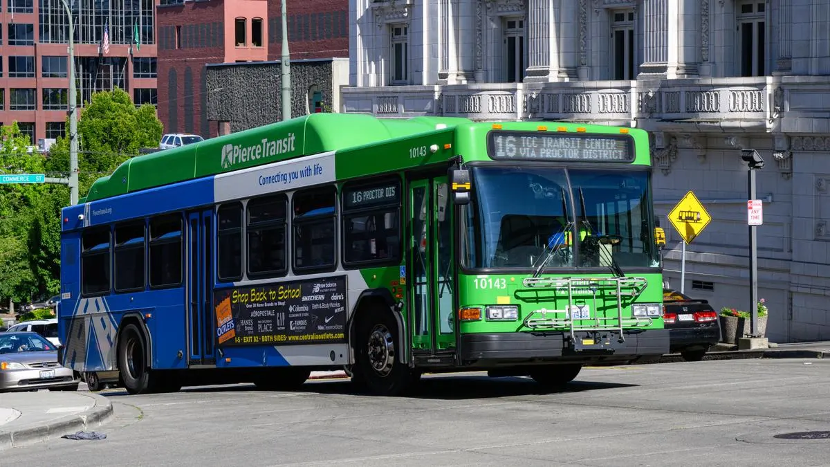 Pierce Transit bus on a downtown street in Tacoma, Washington