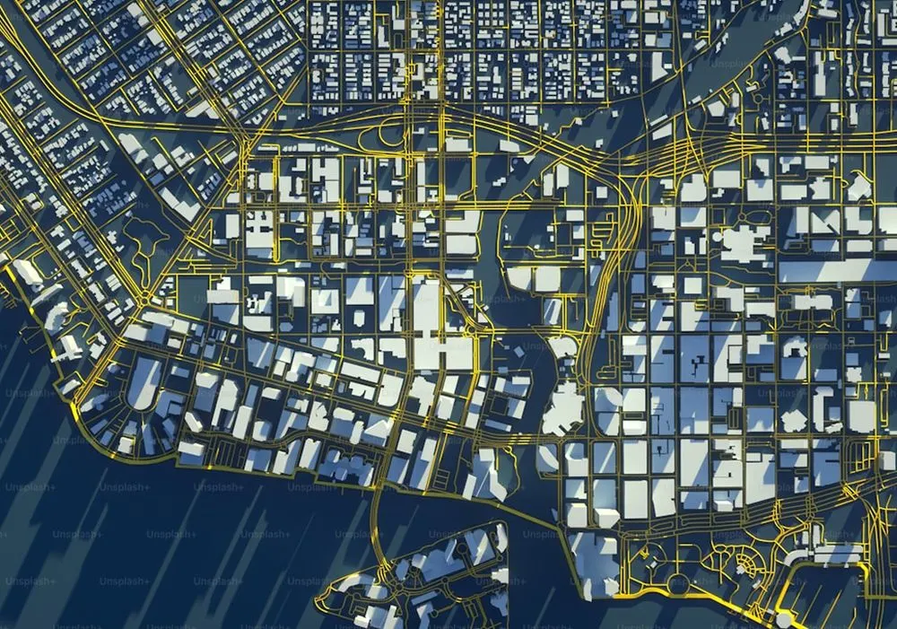 A rendering of a city from a birds eye view.