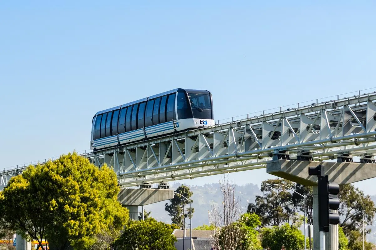 BART train transporting passengers to the airport in Oakland, California