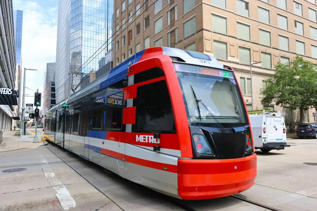 Houston METRO light rail train traveling through downtown Houston, Texas