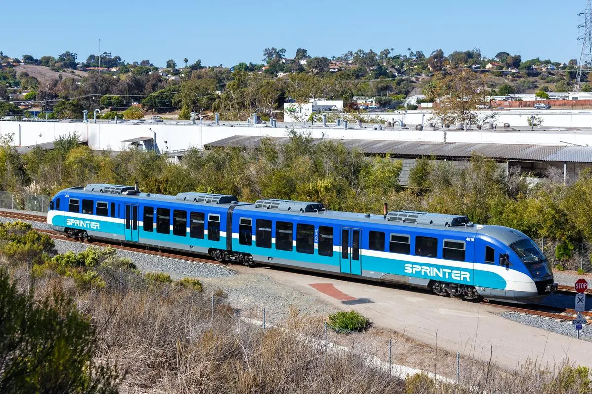Sprinter commuter rail train at a station in Oceanside, California