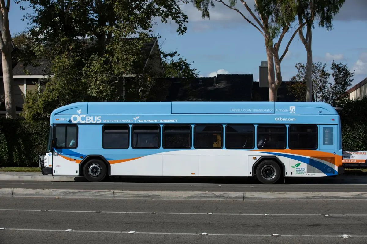 An Orange County Transit Authority (OCTA) bus driving down Bolsa Ave in Westminster, California